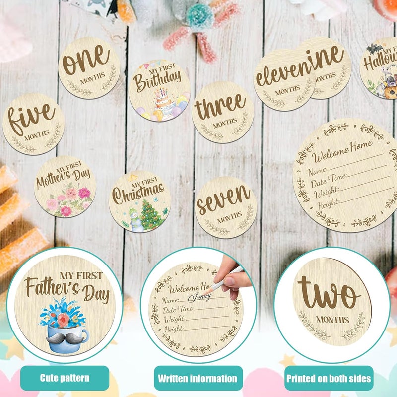 Threetols 11PCS Wooden Baby Monthly Milestone Cards Sign, Double Sided Newborn Photography Prop Pregnancy Journey Baby Growth Monthly Milestone Wood Discs Baby Shower Gifts - Image 5